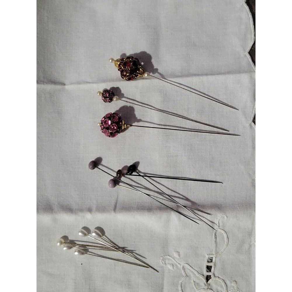 Lot of 12 Assorted Hat Pins Pearls Glass Beads Jewelled Vintage Antique 2 to 4in